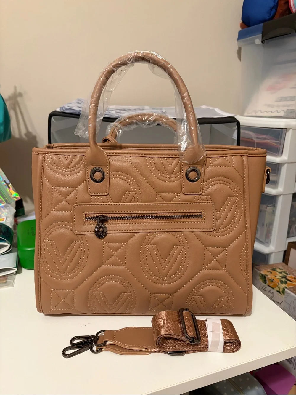 Valentino Orlandi Cognac Quilted Tote with Detachable Strap & Coin Pouch